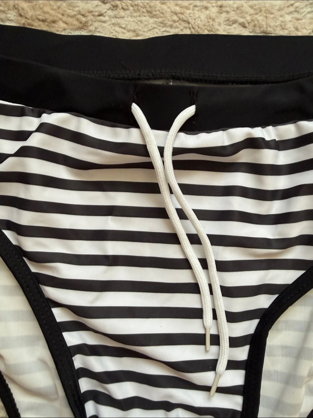Black & White Striped Men’s Swim Brief with Drawstring - Size XL